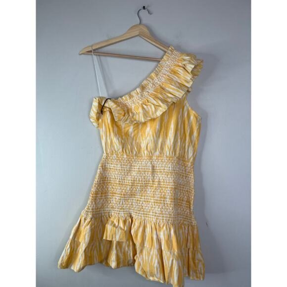 NWT Saylor Carren One-Shoulder Pull Over Smocked Ikat Cotton Mini Dress Yellow - Picture 7 of 8